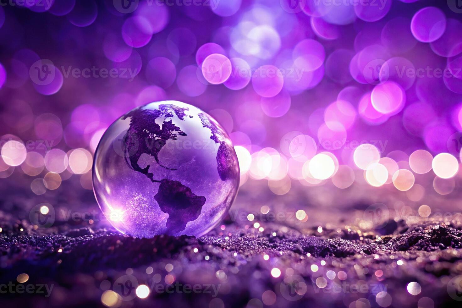 Purple earth with glowing light on blur bokeh background macro photo
