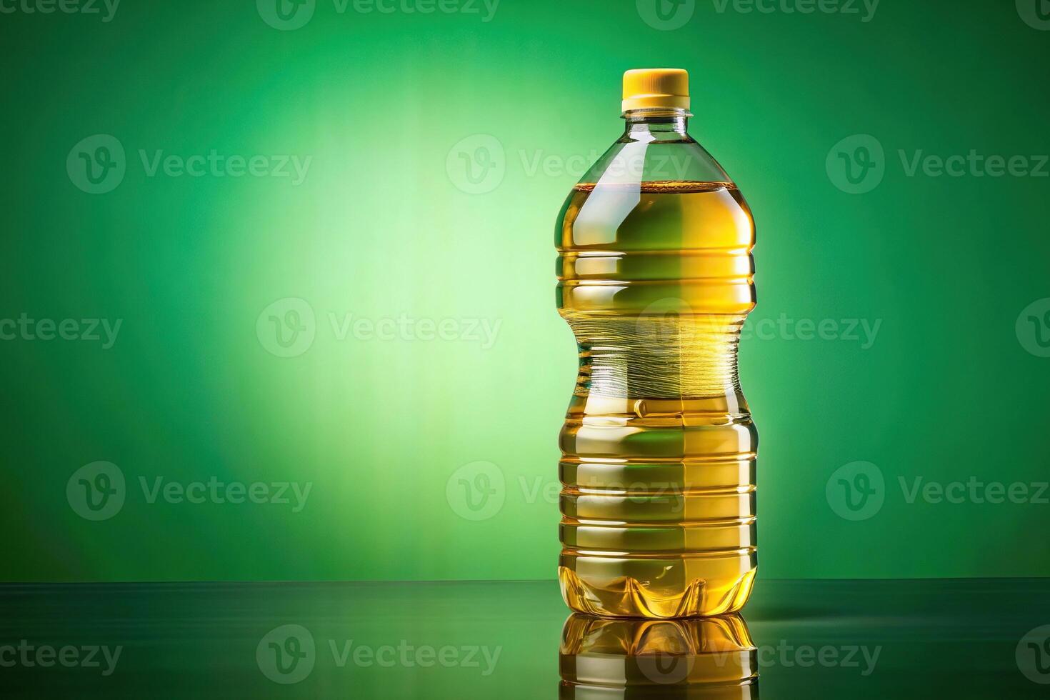 Plastic bottle of cooking oil on reflective surface with green background and yellow cap photo