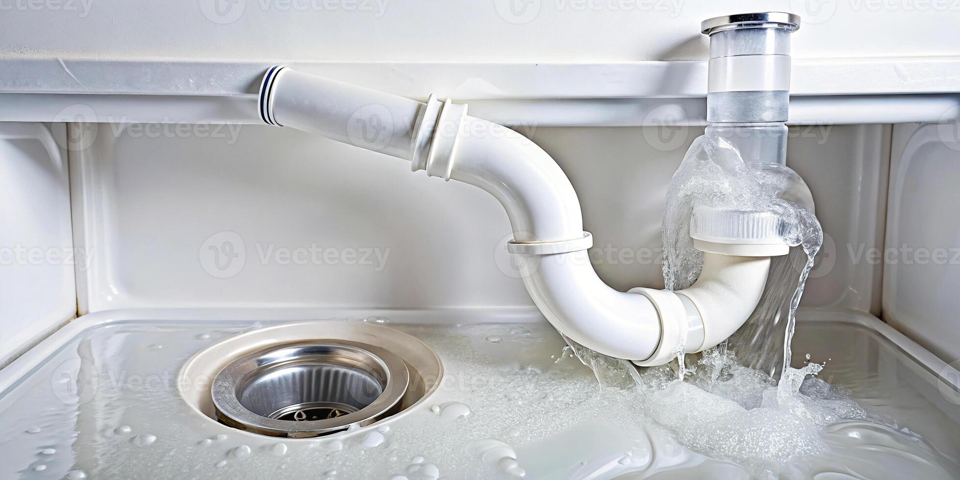 Plastic drain pipe under white sink with clog from above photo