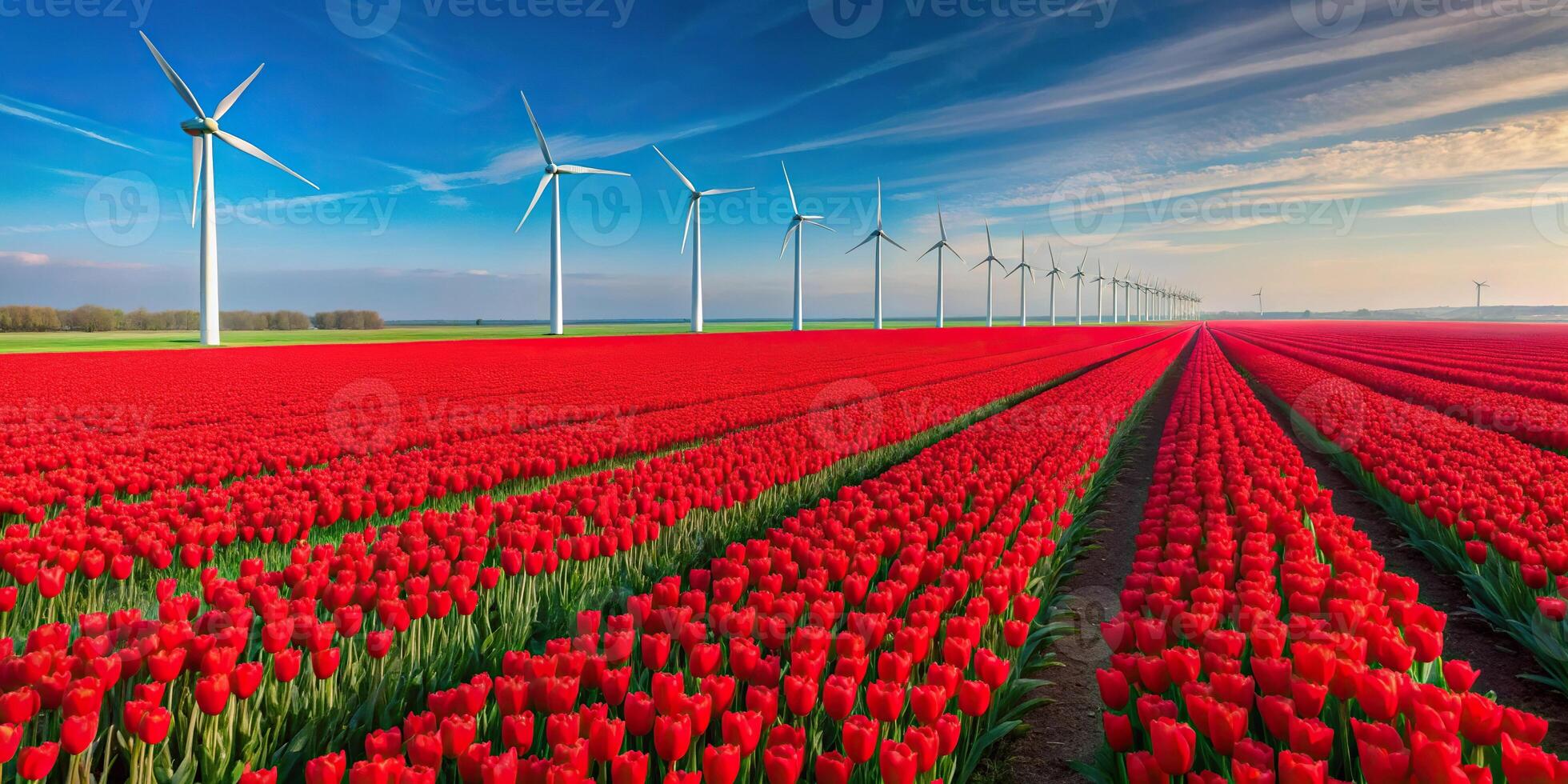 Red tulip fields and wind turbines in Flevoland photo