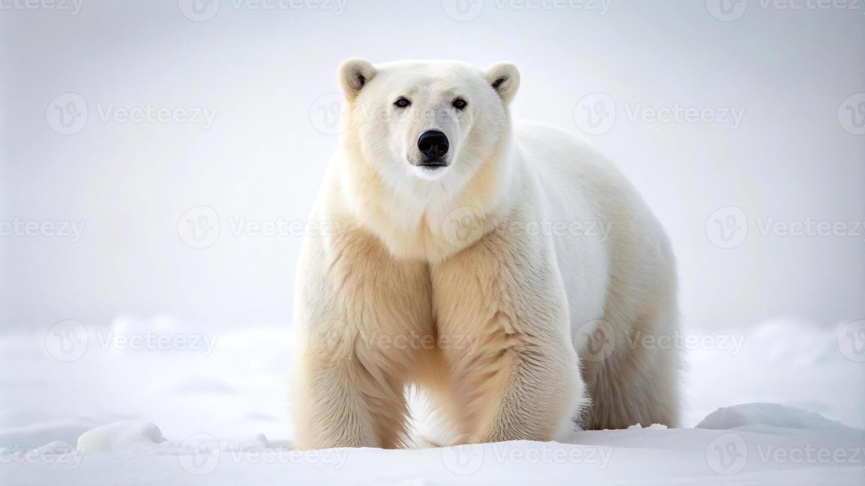 Polar bear in the snow with shallow depth of field, isolated on white background photo