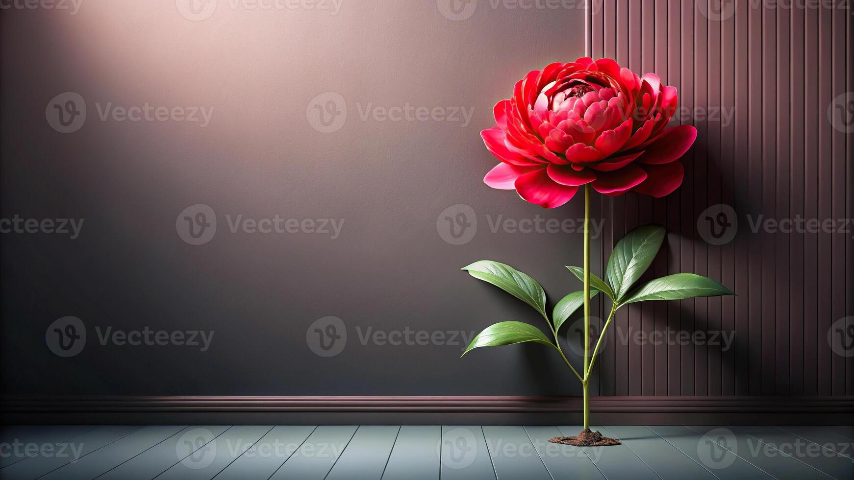 Red volumetric peony flower on decorative wall background with leading lines photo