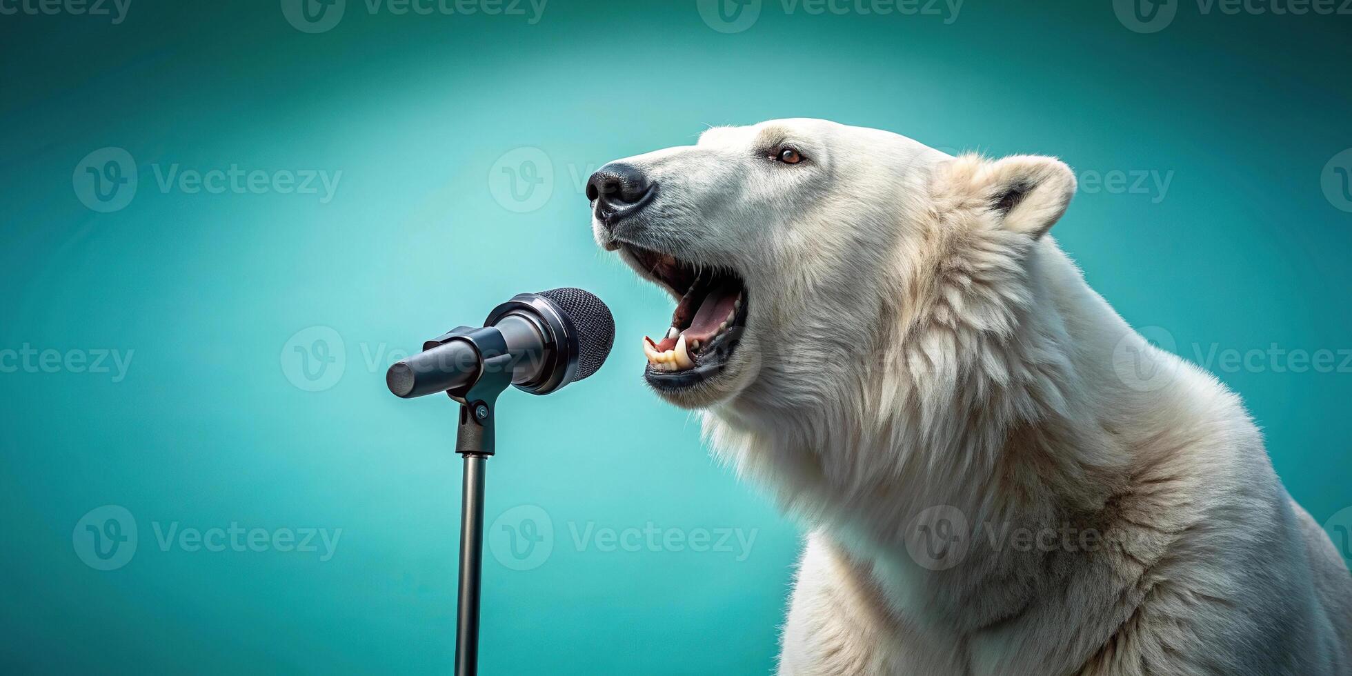 Polar bear singing on turquoise background photo