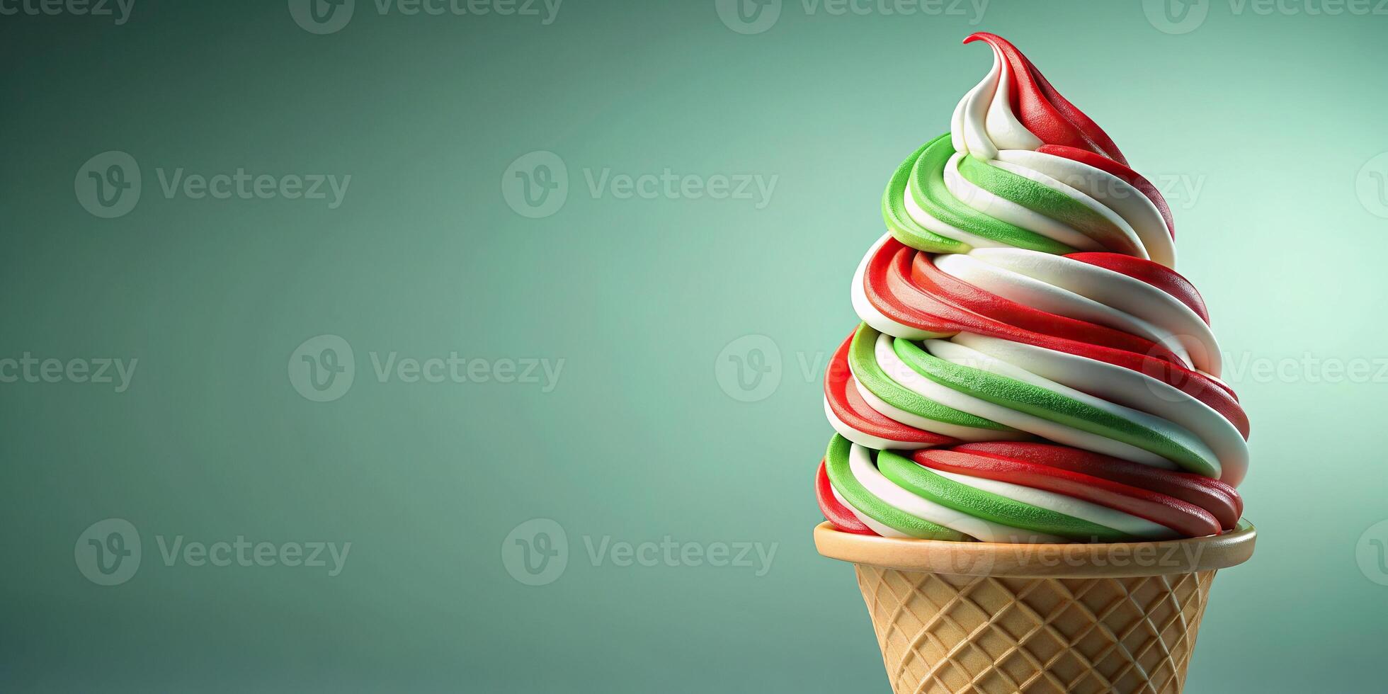 Realistic white green and bright red swirly ice cream cone photo