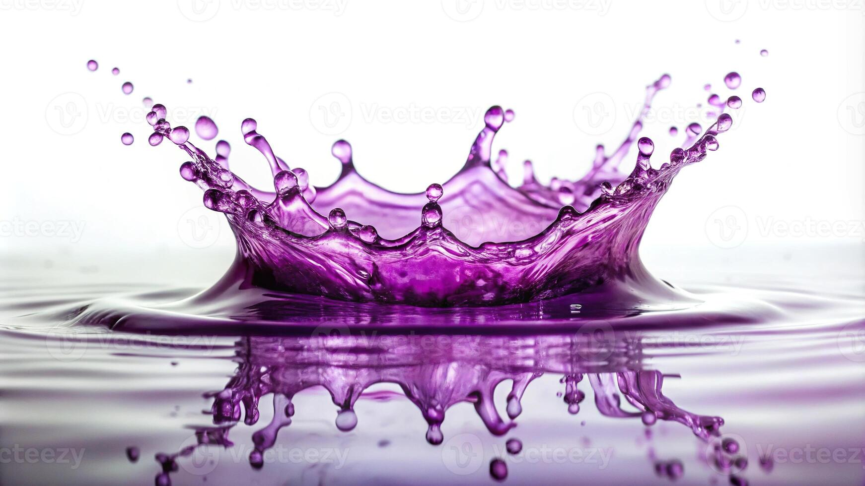 Purple water splashing in air with depth of field on white background photo