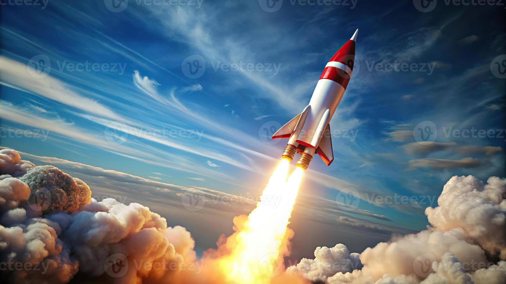 Rocket launching into sky with red and white colors photo
