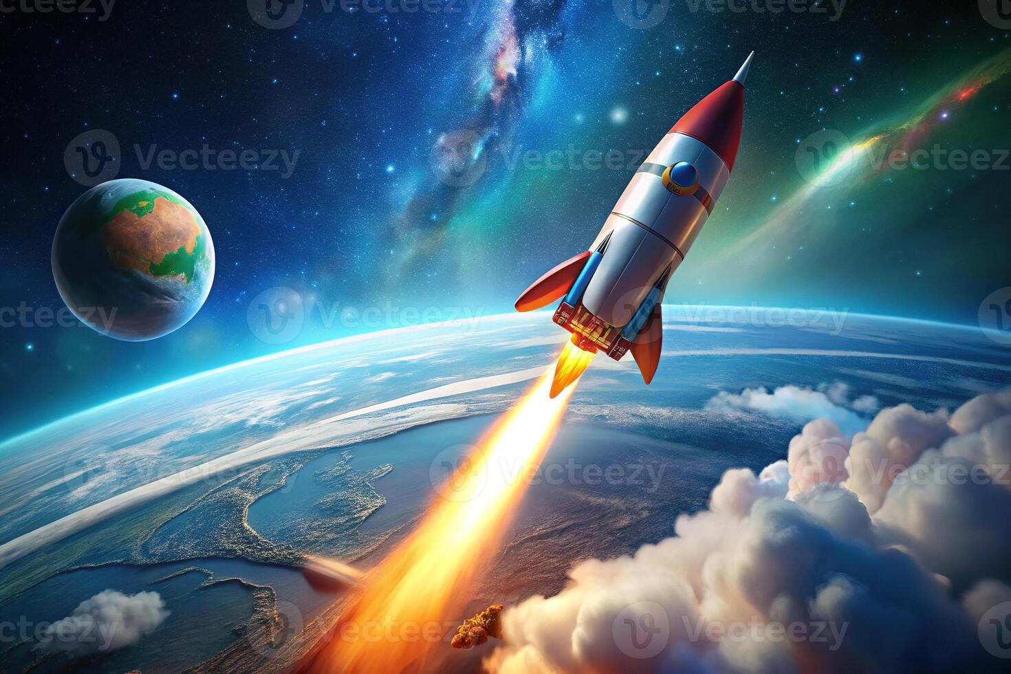 rocket taking off from planet, colorful, modern, worm's eye view photo