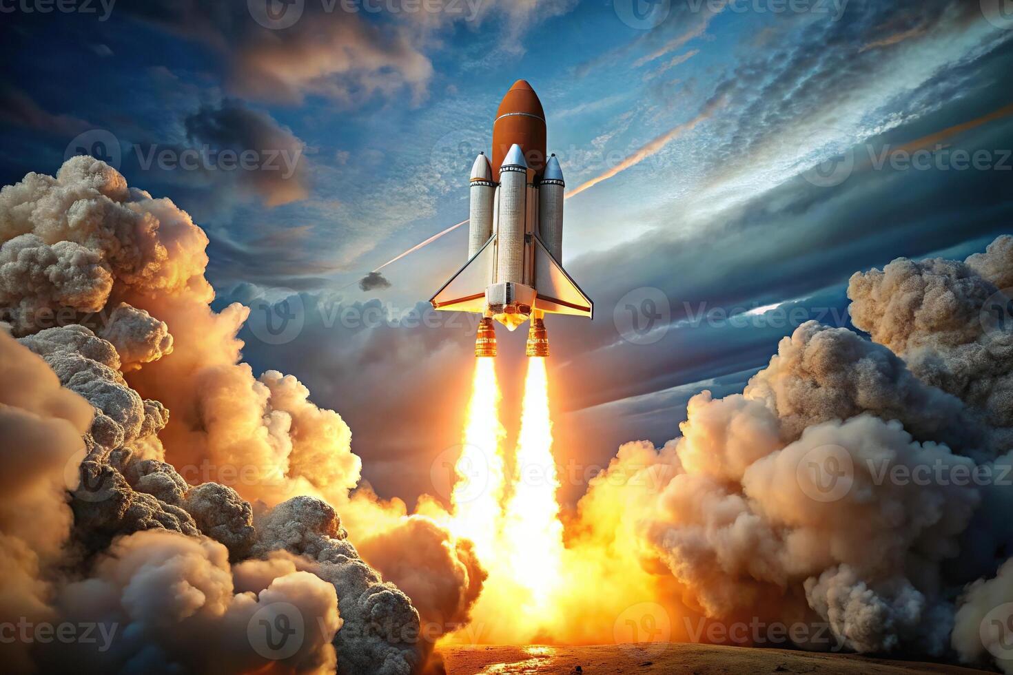 Rocket launch with flames in the sky photo