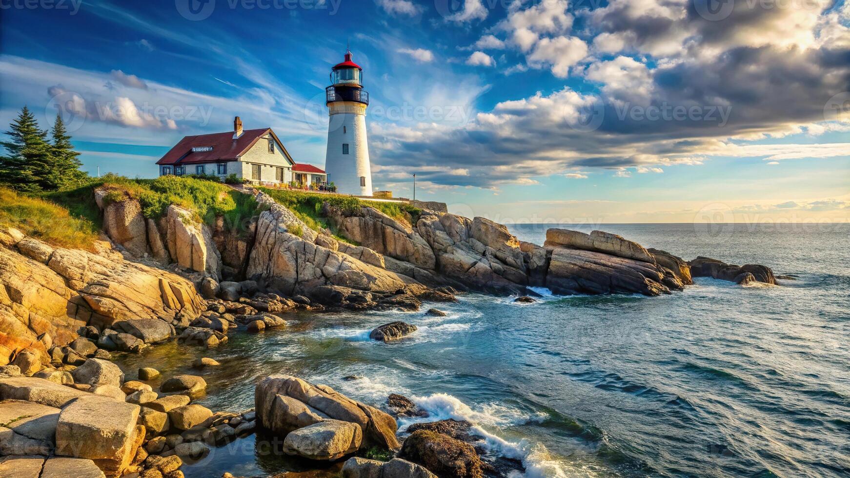 Rocky shoreline with lighthouse in the background, sea view photo
