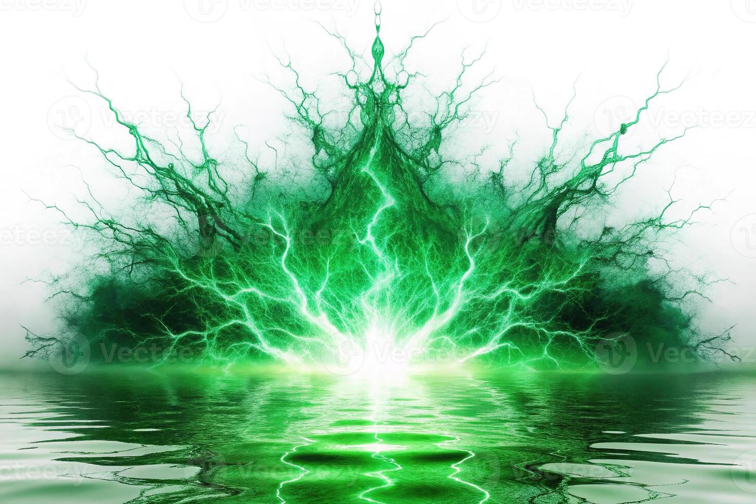 powerful explosion of green water with white lighting on a white isolated background, symmetrical photo