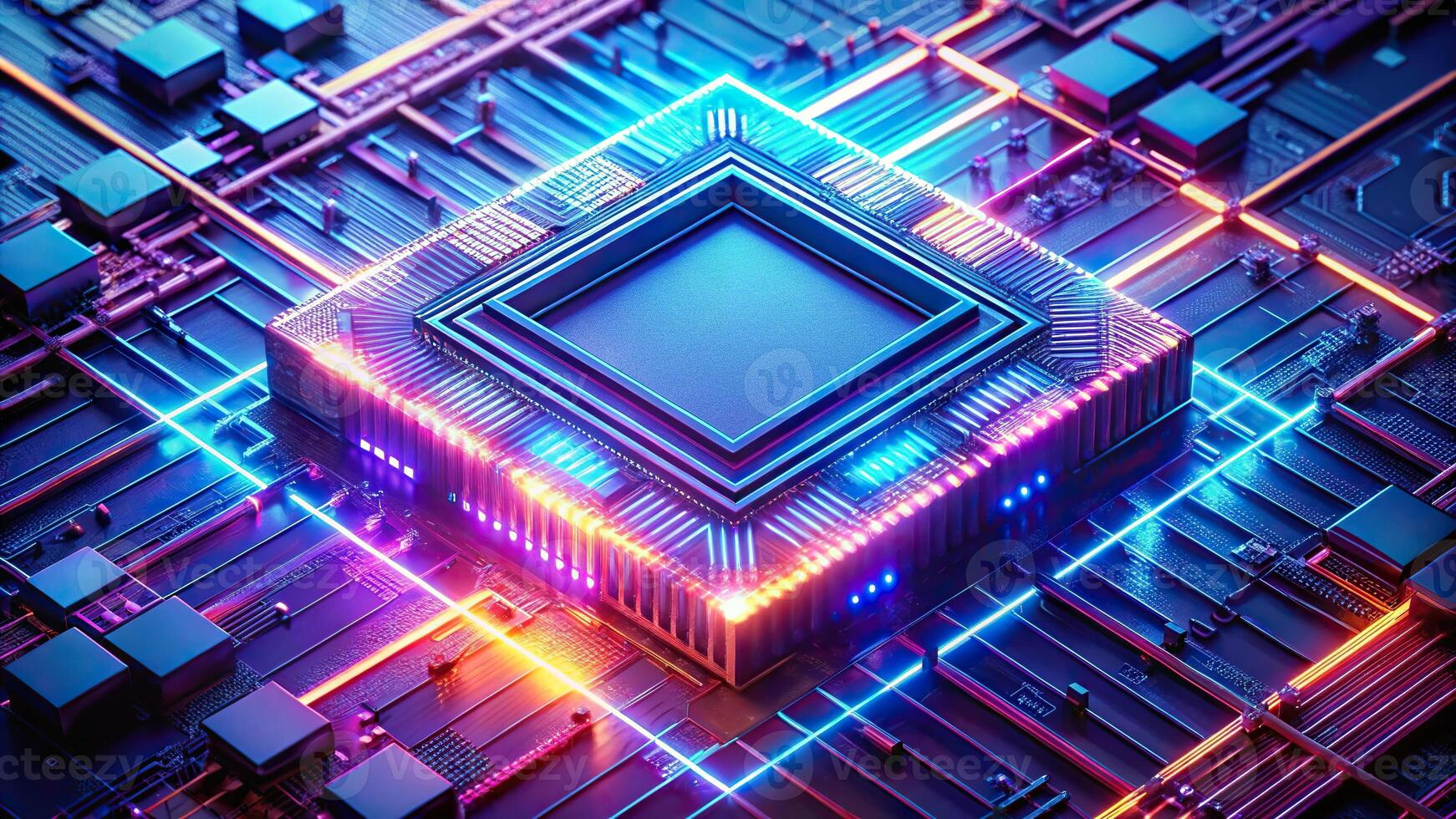 Quantum chip illuminated by neon lights with advanced circuitry photo