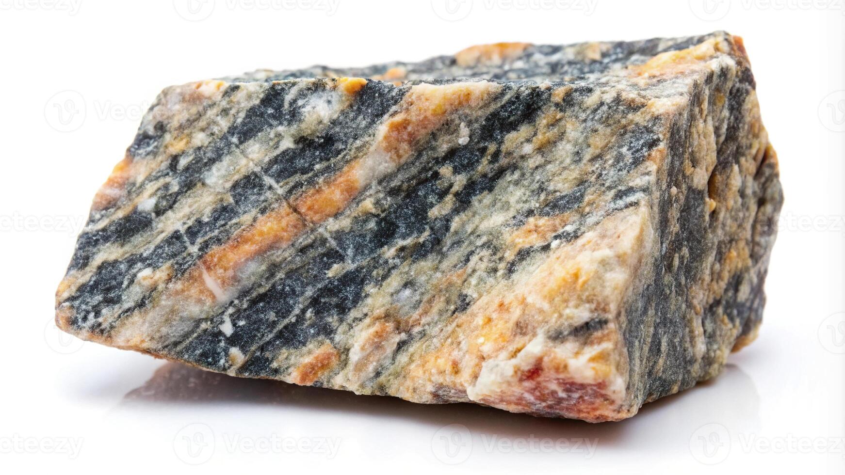 Raw gneiss metamorphic rock specimen isolated on white background photo