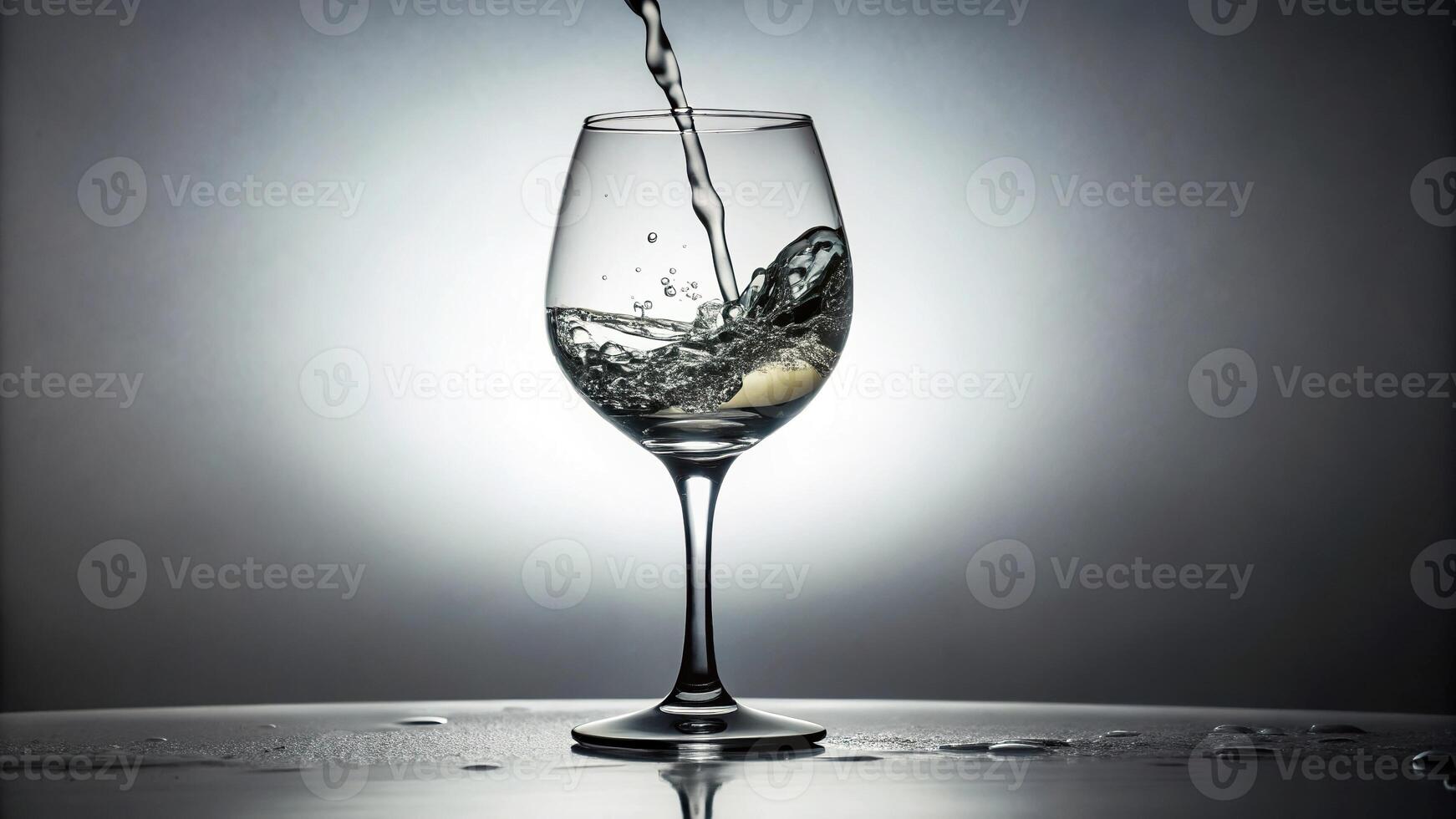 Pouring water into a glass of wine on a white background, viewed from below photo