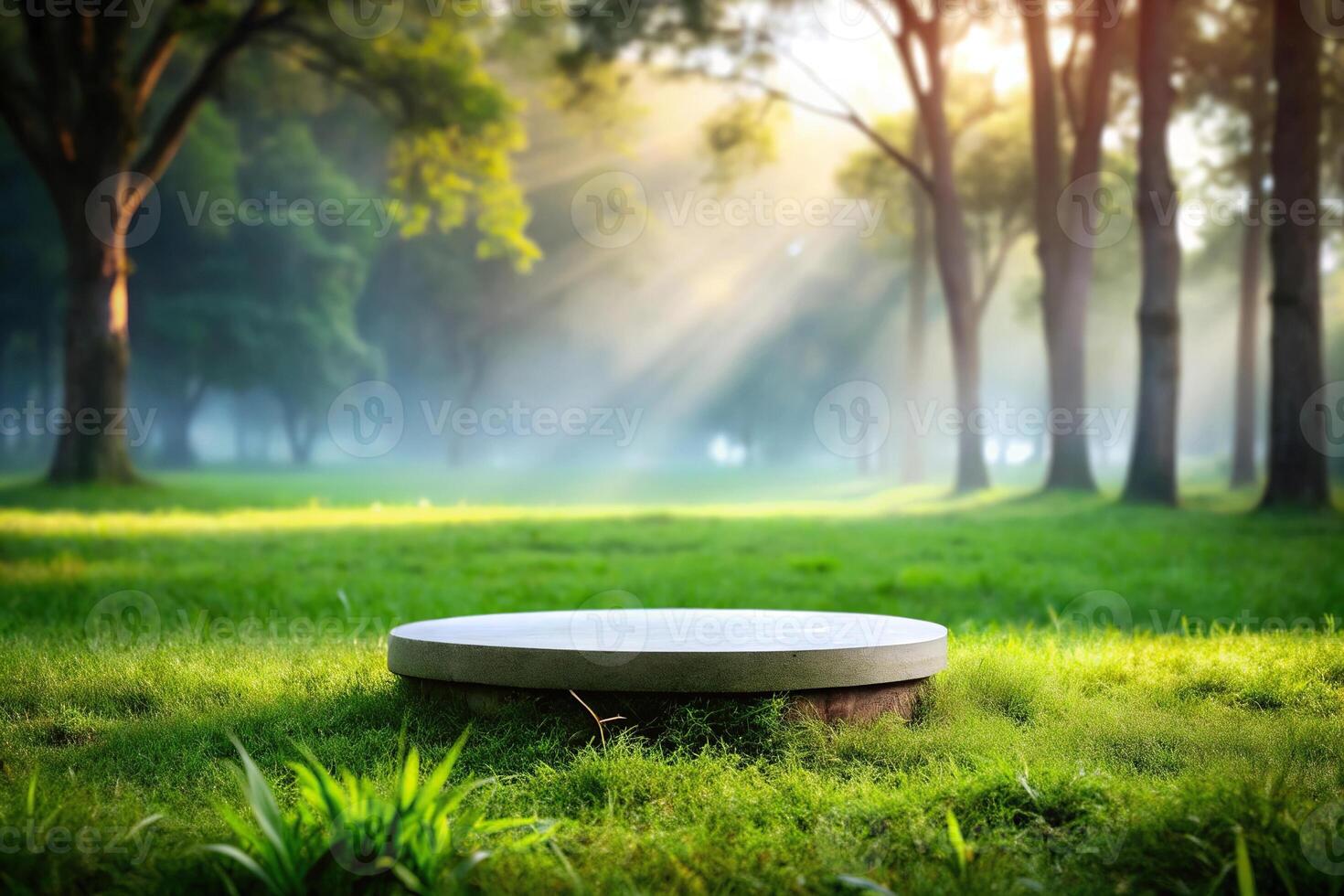 Round pedestal surrounded by grass and trees with blurred fog effect photo