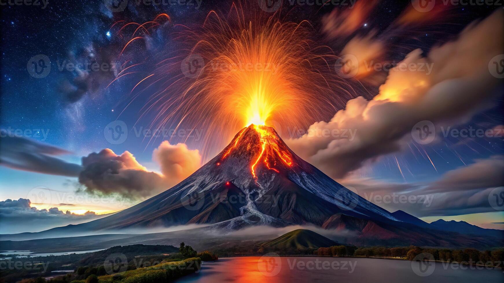 Powerful volcanic eruption lighting up dark night sky photo
