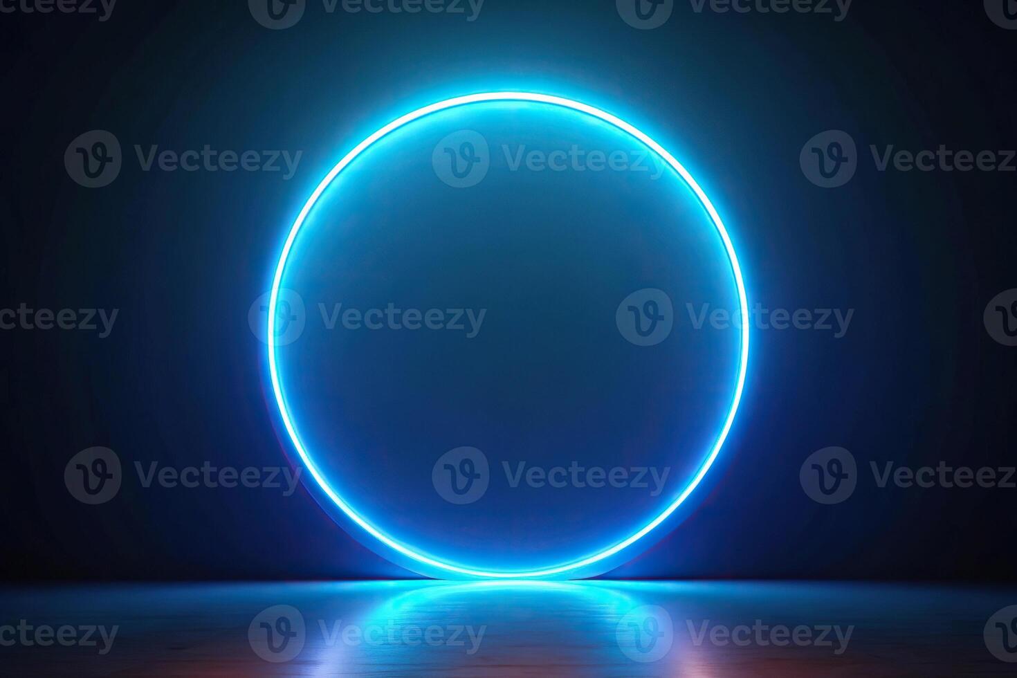 Round neon blue geometric circle on dark background tilted angle photo