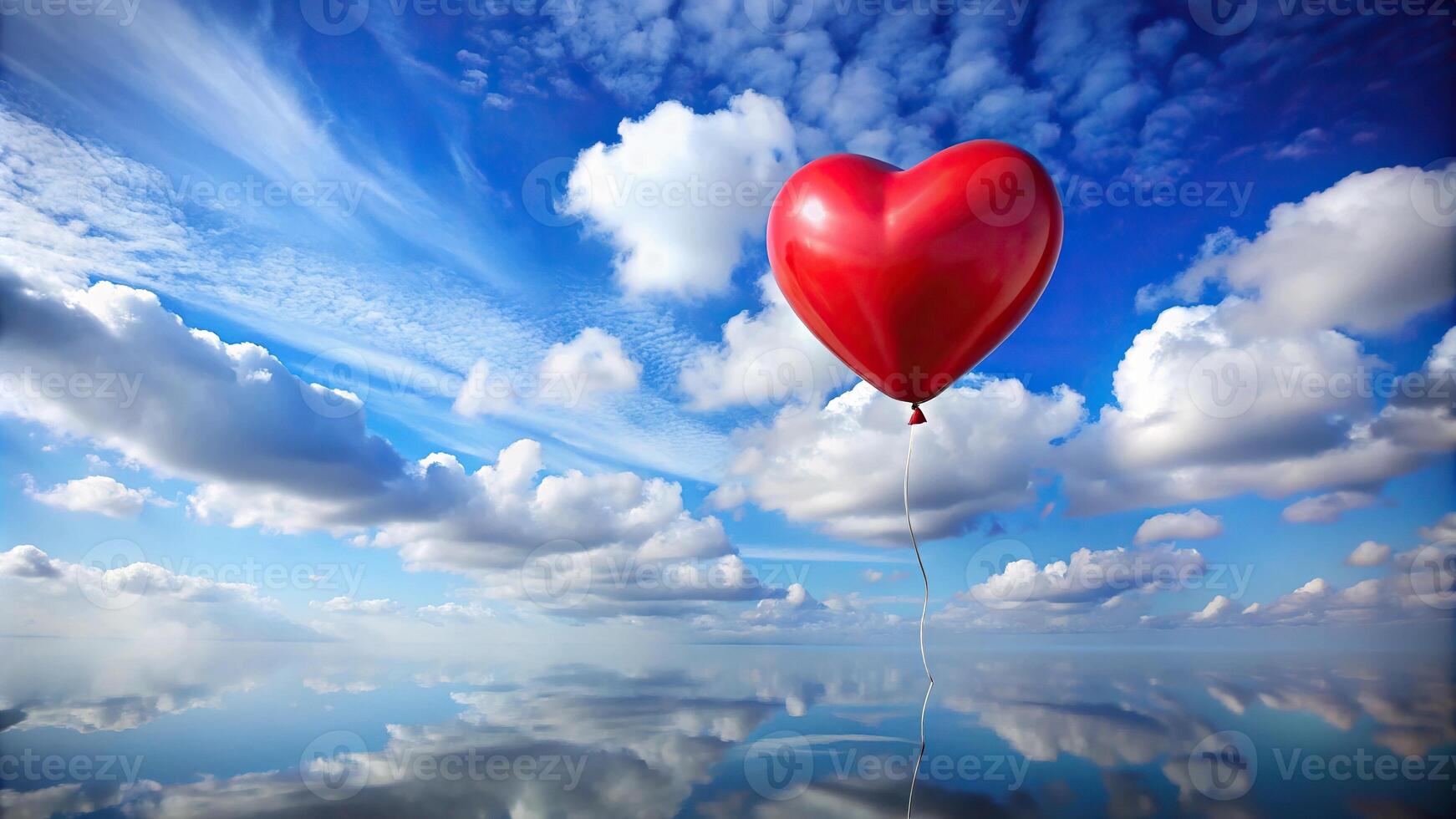 Red heart-shaped balloon reflecting in blue sky with fluffy clouds photo