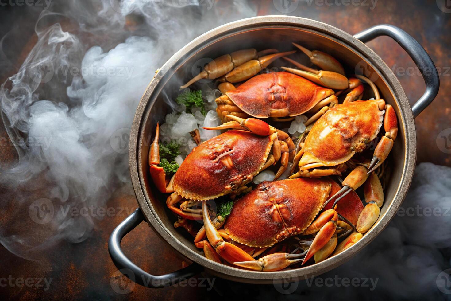 photo of panoramic crabs in steam pot with seasonings