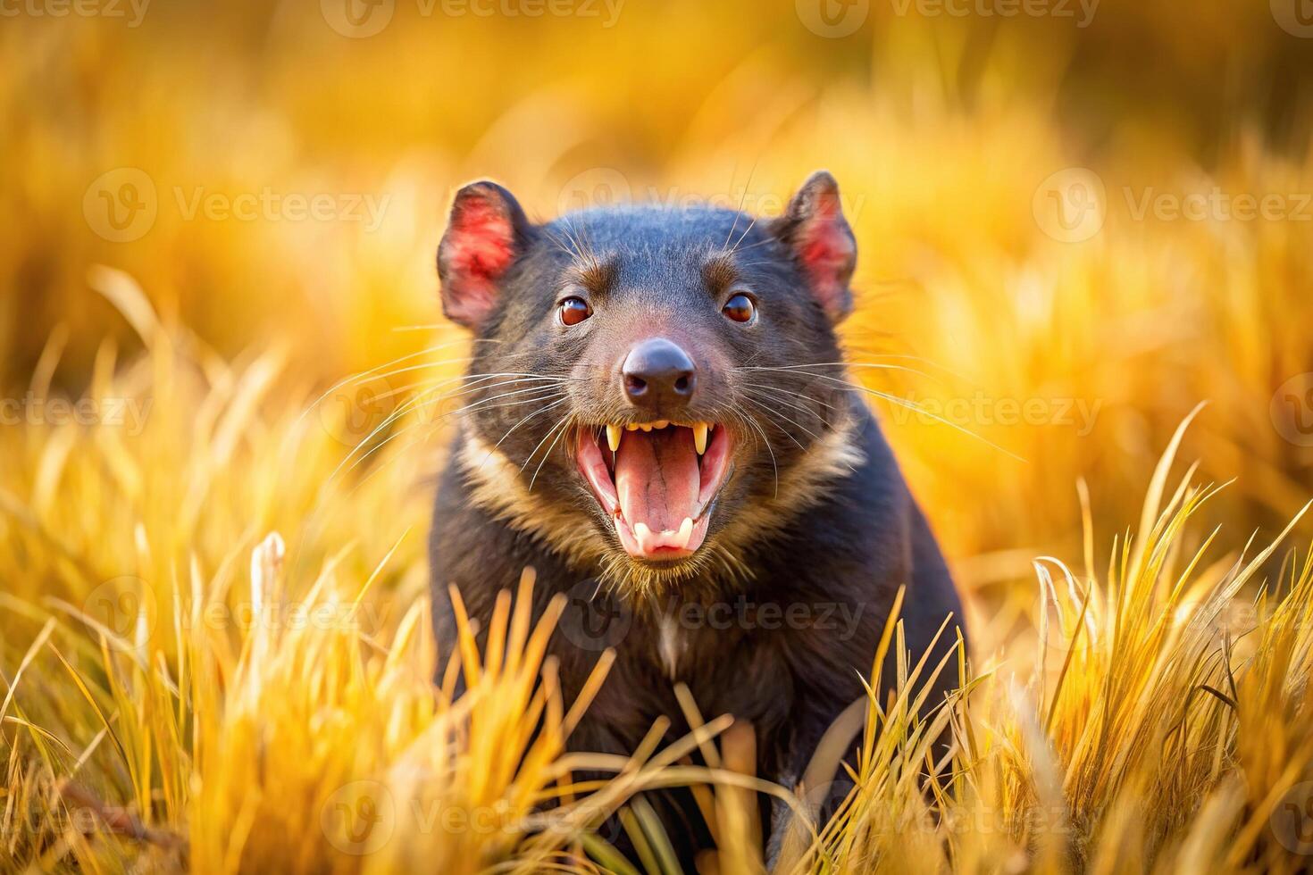 photo of Tasmanian devil in yellow grass with open mouth