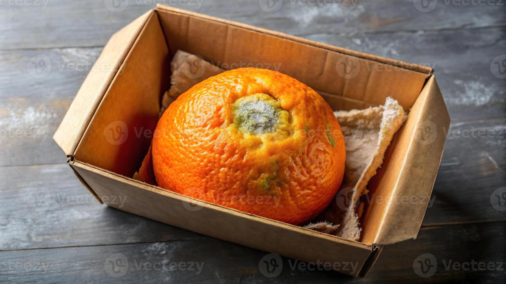 Panoramic view of rotten and fresh oranges in paper packaging box photo