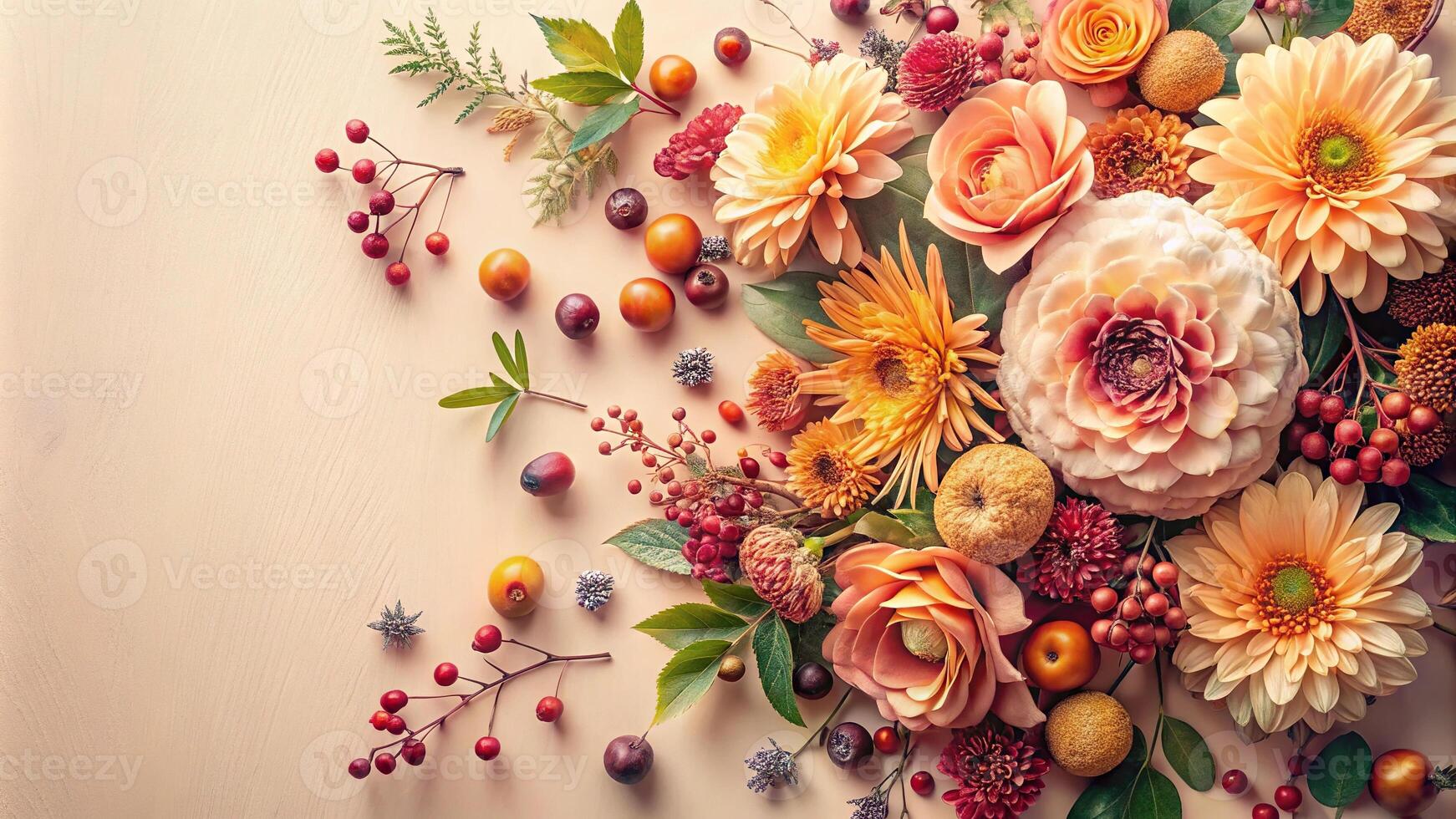 Pastel autumn floral composition on light backdrop photo