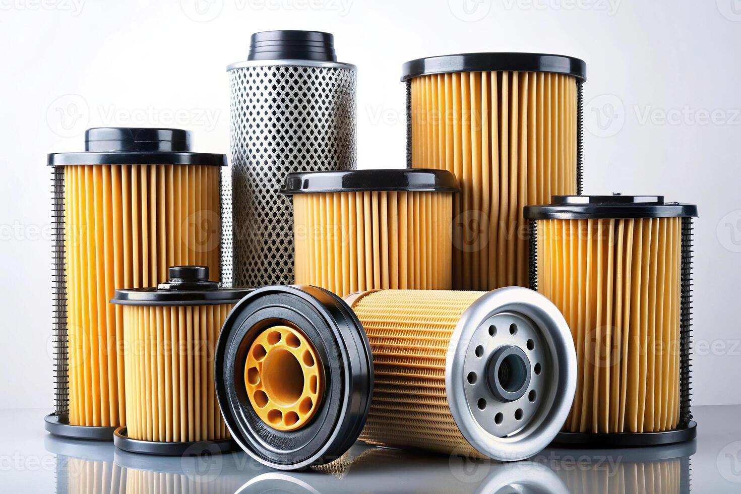 Panoramic oil air filters for vehicles on transparent background photo