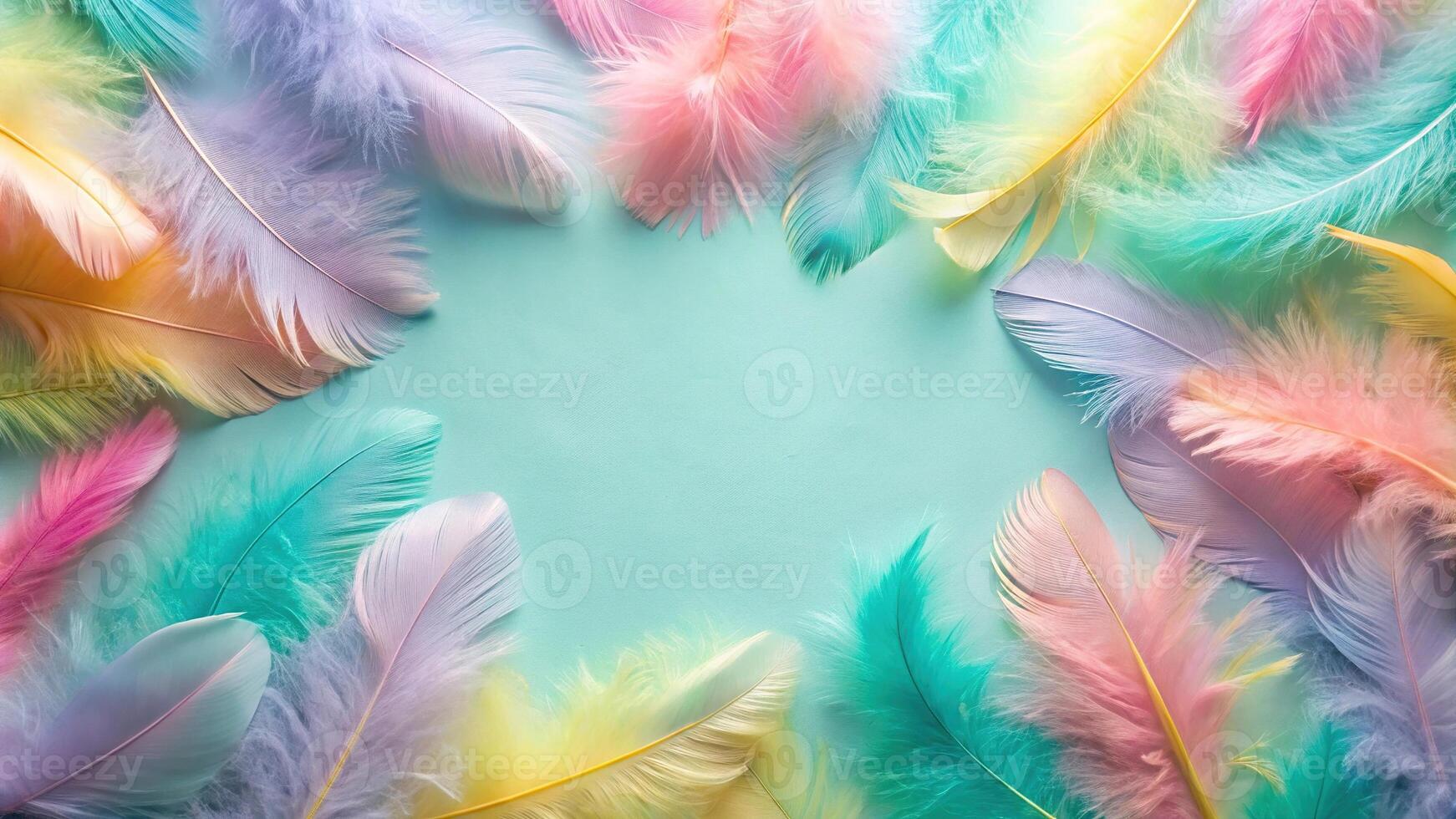 Pastel colored abstract feather flat lay background from bird's eye view photo