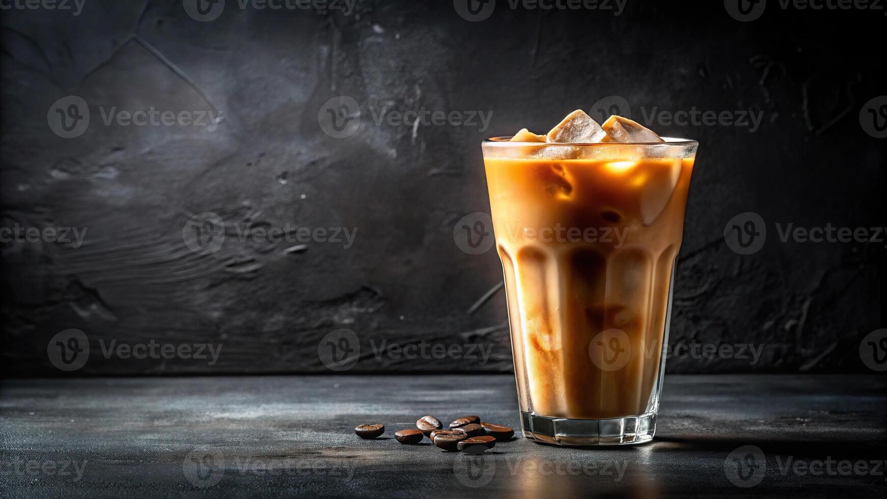 Panoramic Lager iced coffee in a glass against a dark background photo