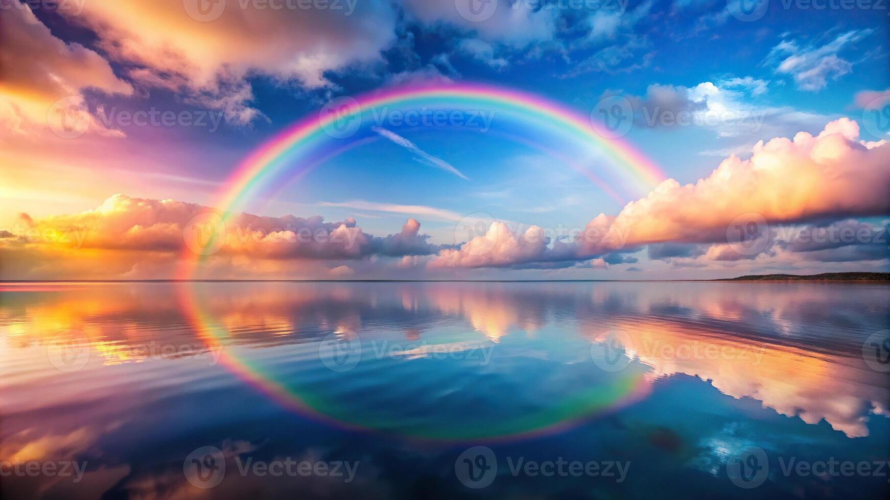 Pastel rainbow sky reflected in water creating a serene wallpaper photo