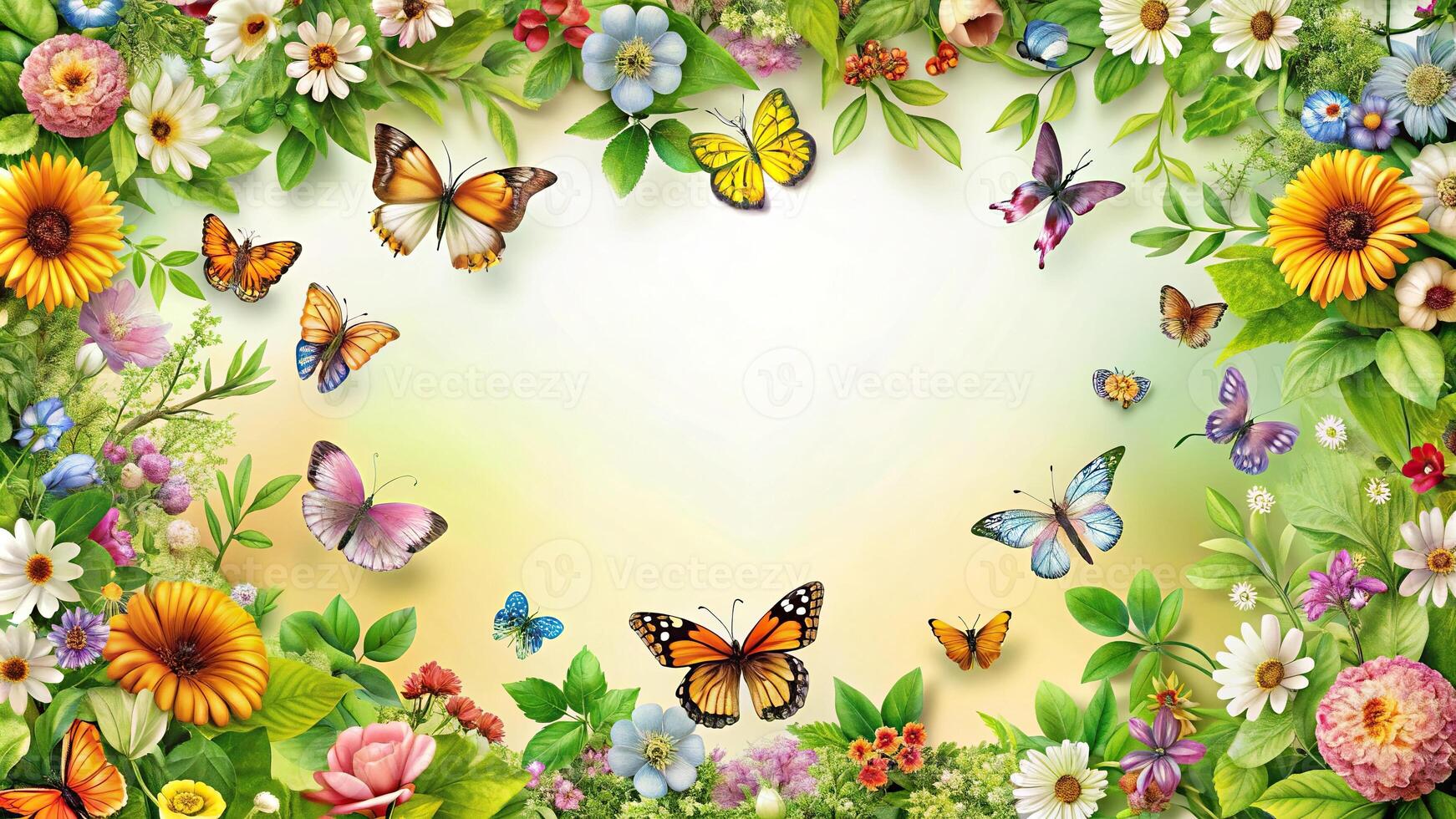 Panoramic frame with butterflies, flowers, leaves photo