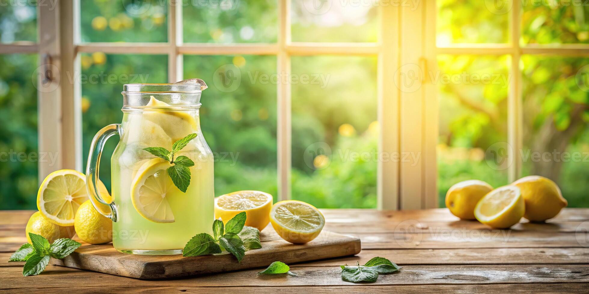 Photograph of homemade lemonade with sunlight shining through a mint window in the background on a wooden table photo