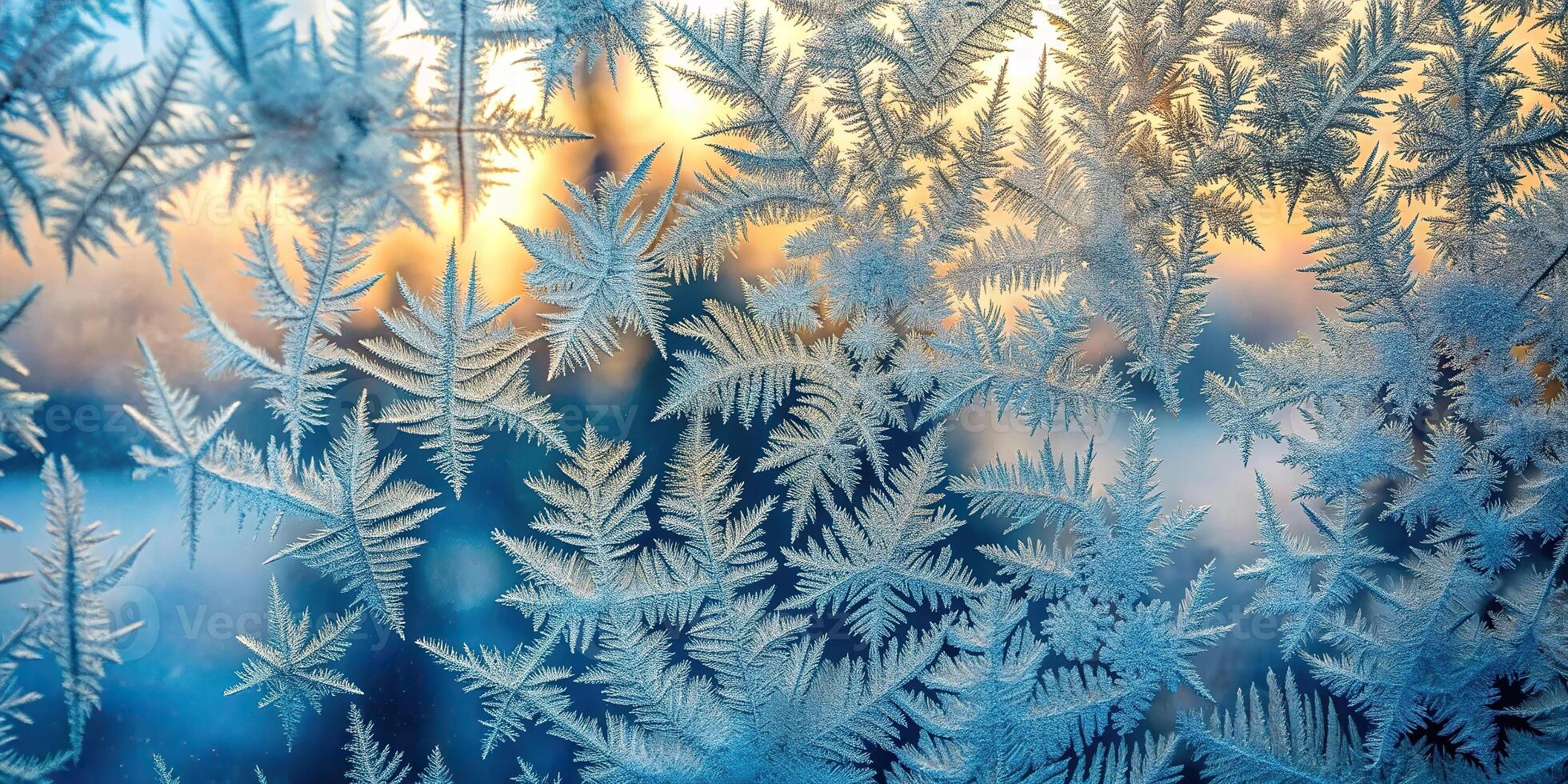 Panoramic frosty pattern on glass abstract background of ice frozen window photo