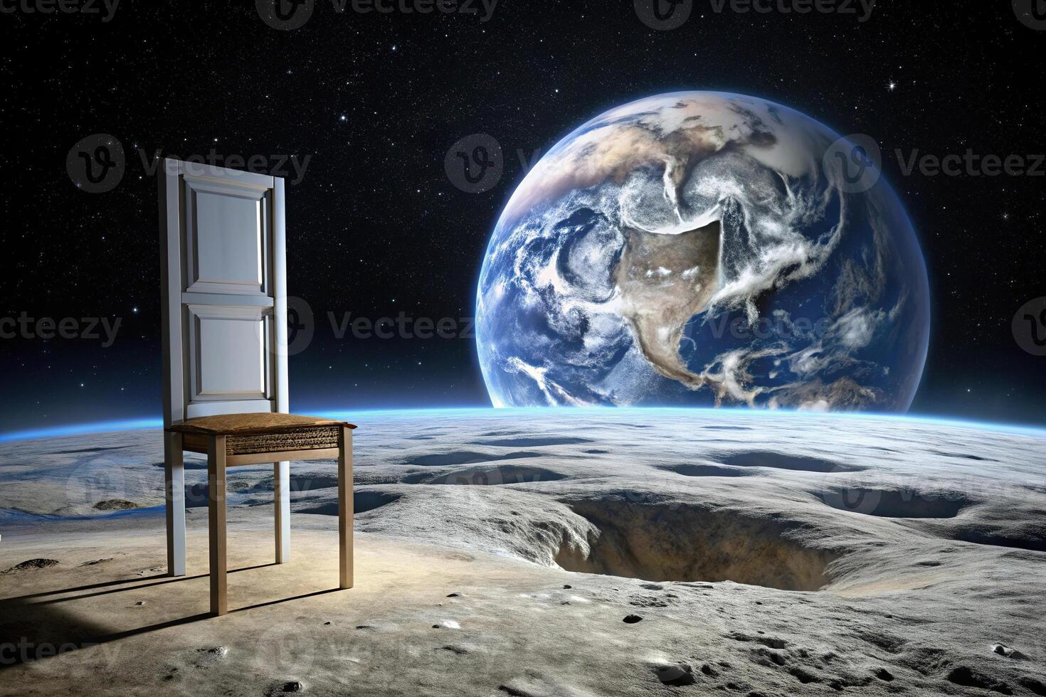 Photograph of reflected chair and door on moon surface with earth visible photo