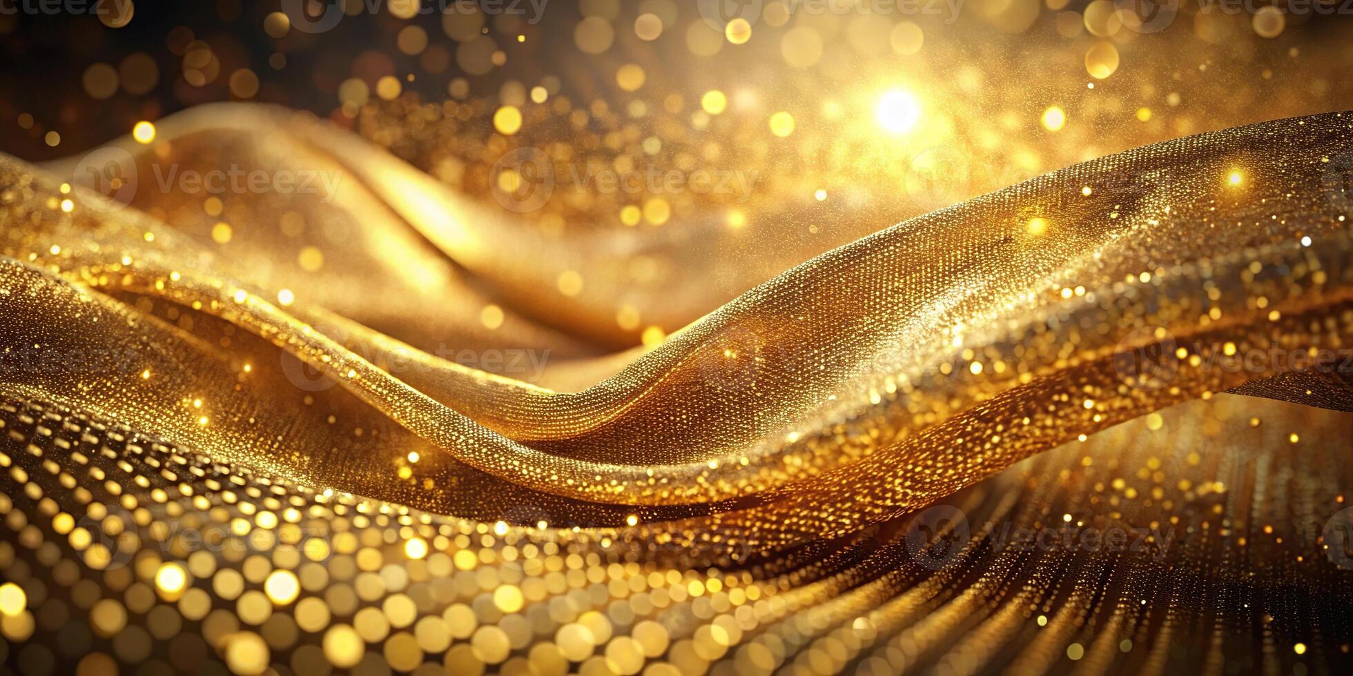 Particles of fabric on a gold abstract background with golden highlights photo