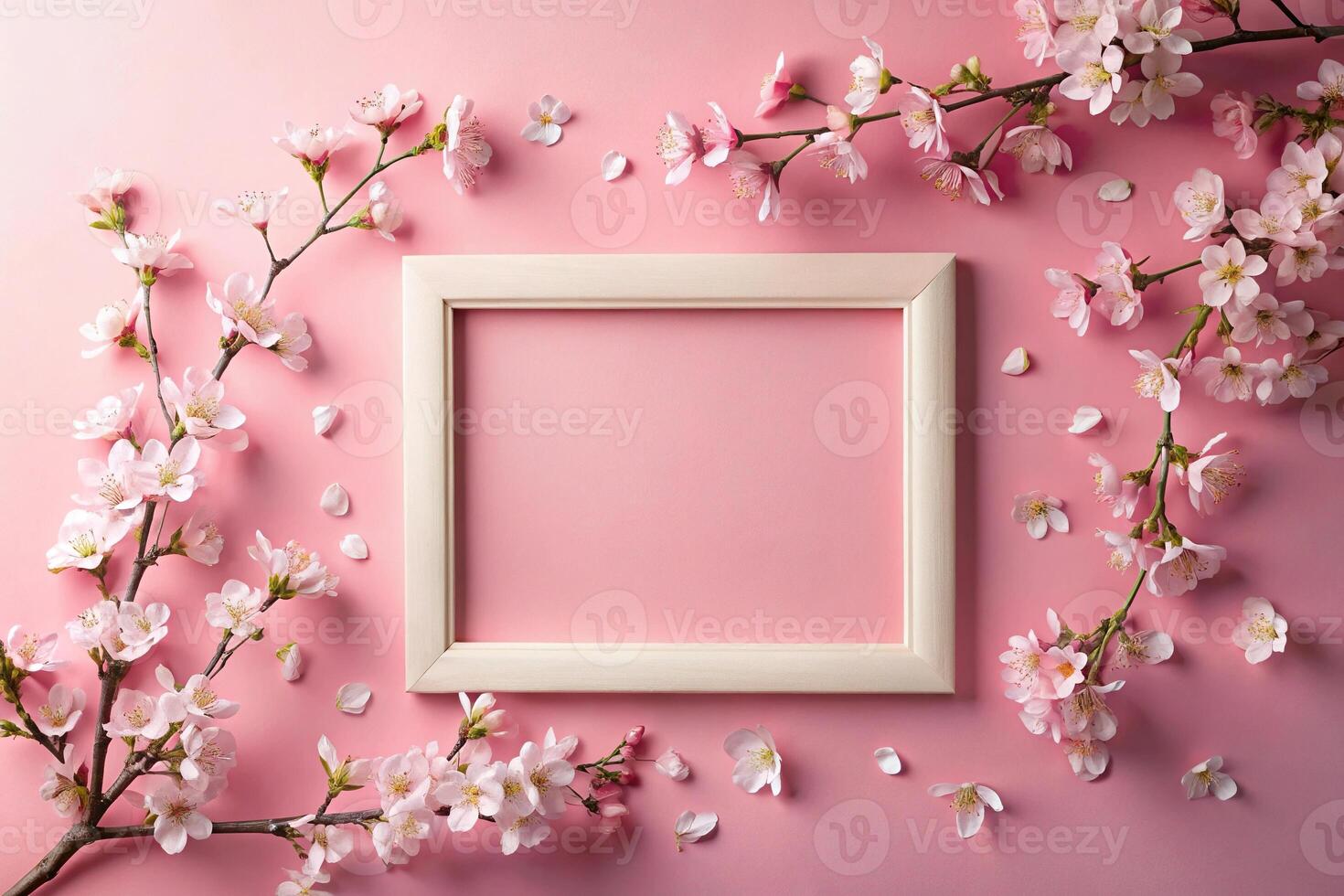 Pink frame with cherry blossoms on pink background photo