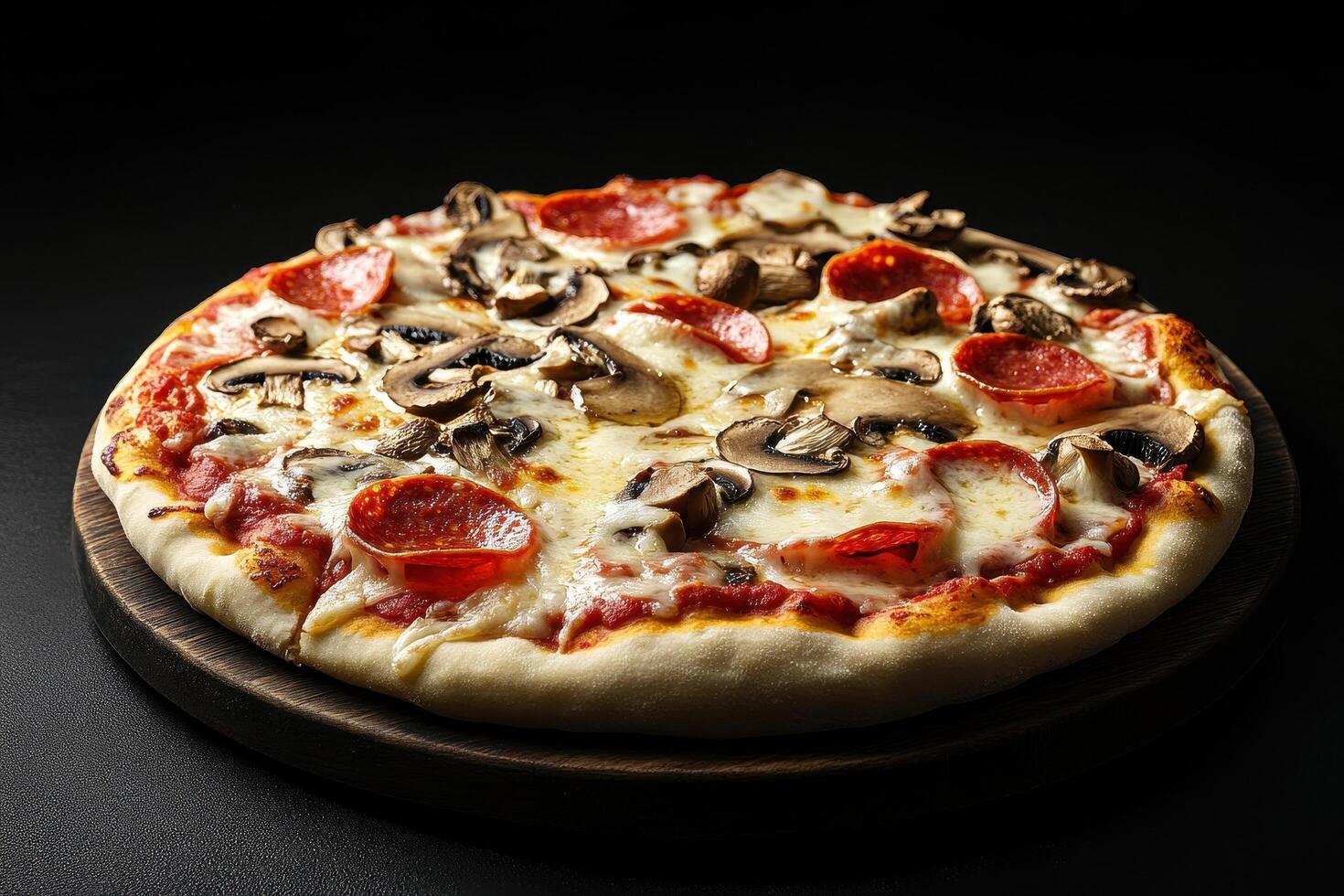 Close-Up of Pepperoni and Mushroom Pizza on Wooden Board photo