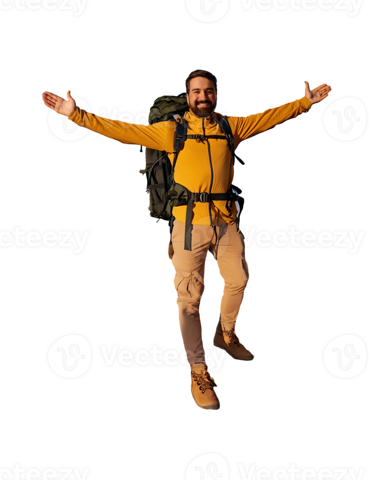 A man with a backpack and yellow jacket standing with his arms outstretched png