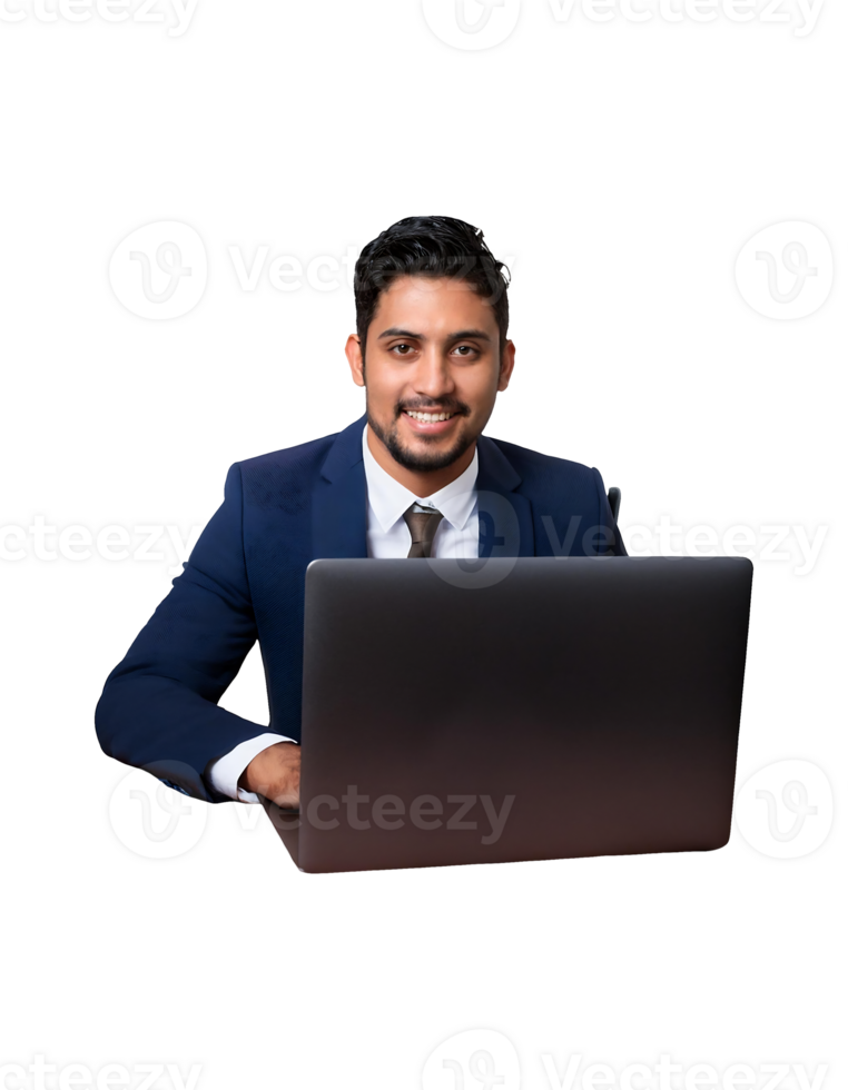 A man in a suit sitting at a desk with a laptop png