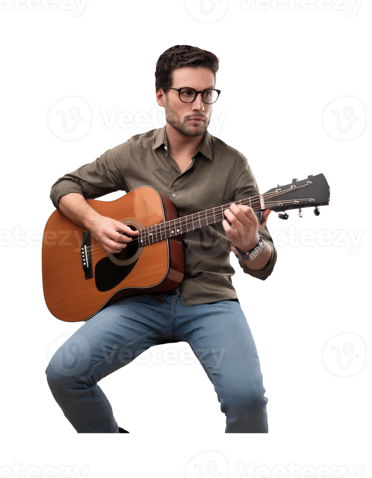 A man with glasses playing an acoustic guitar png