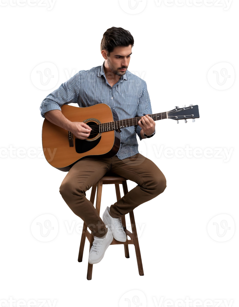 Man sitting on stool playing acoustic guitar png