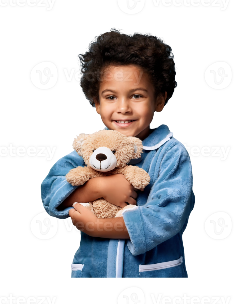 A young boy in a blue robe holding a teddy bear png