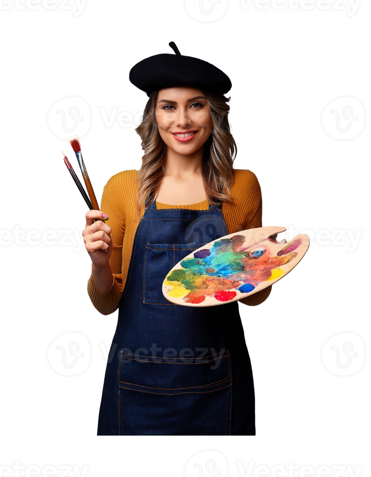 A woman in an apron holding a paint palette and brush png