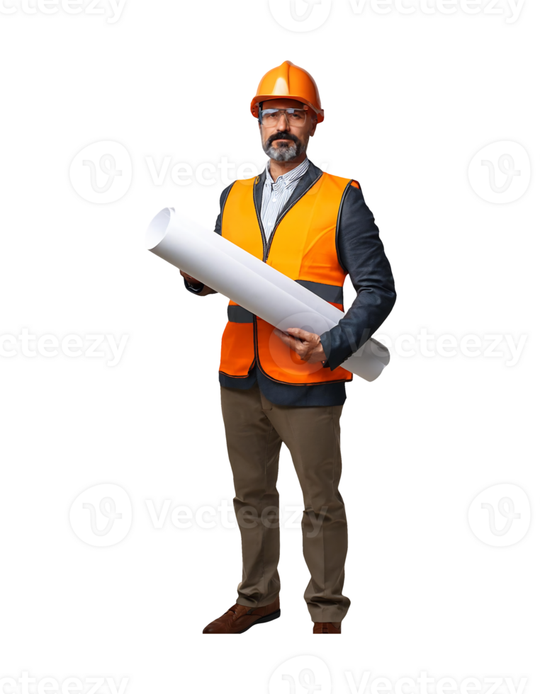 A man in an orange vest and hard hat holding a large roll of paper png