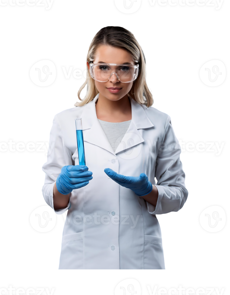 A woman in a lab coat holding a test tube png