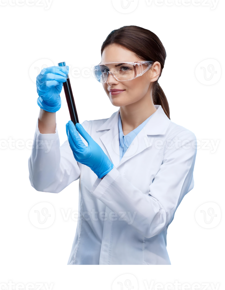 A woman in a lab coat holding a tube png