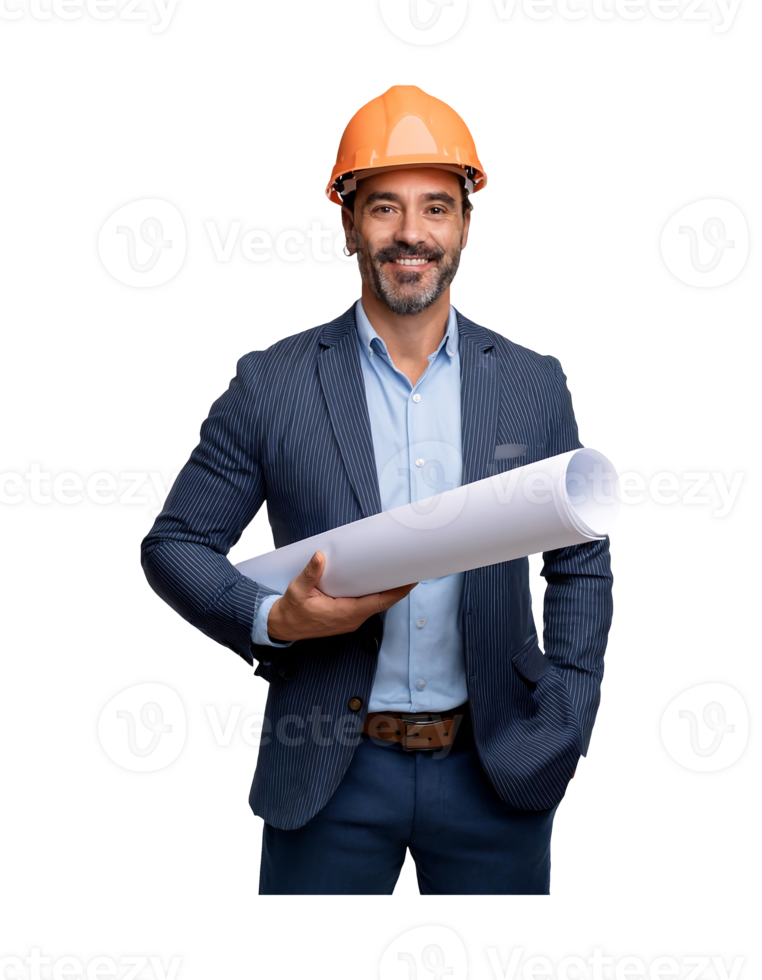 A man in a suit holding a blueprint png