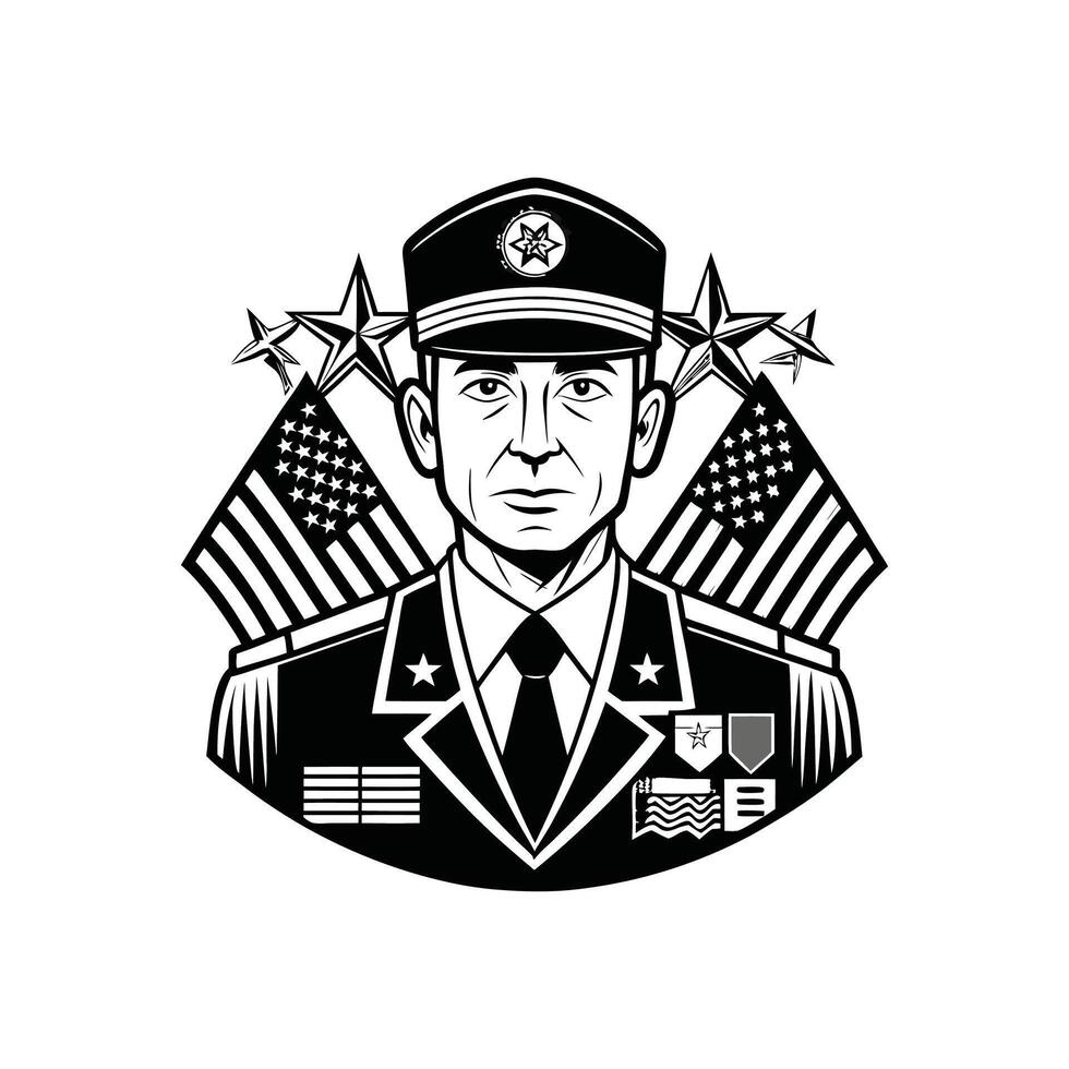 Military officer with american flag in background vector