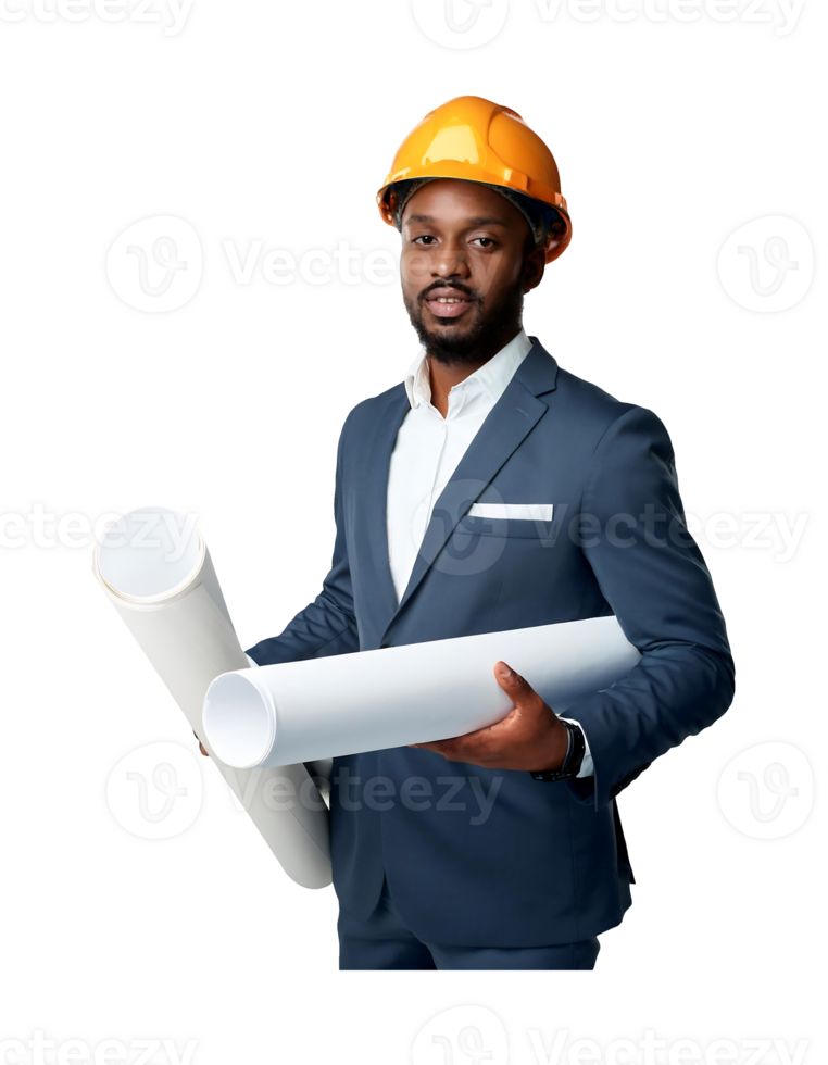 A man in a suit holding a blueprint and a hard hat png