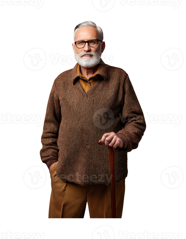 An elderly man with a cane and sweater png