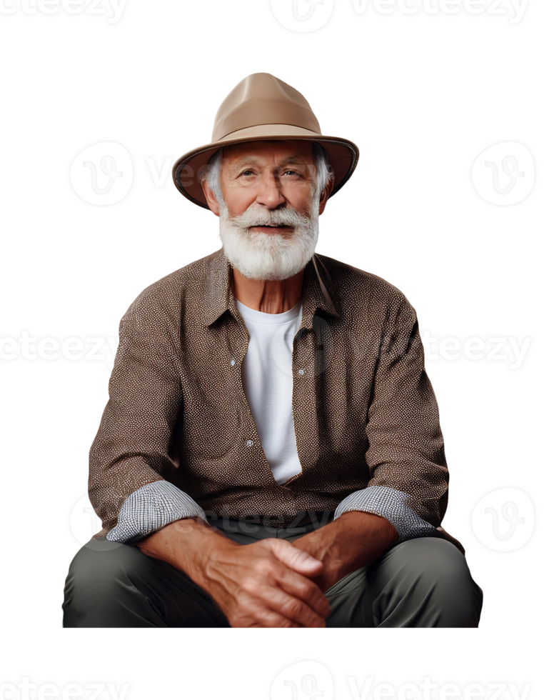 An old man with a white beard and hat sitting on a chair png
